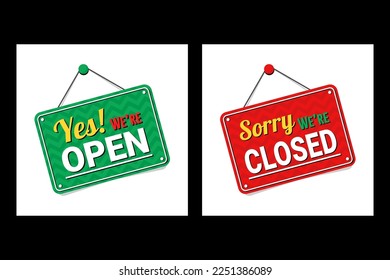 Open and closed signs store information green and red color for banner, label, badge, business, store, marketplace, and more