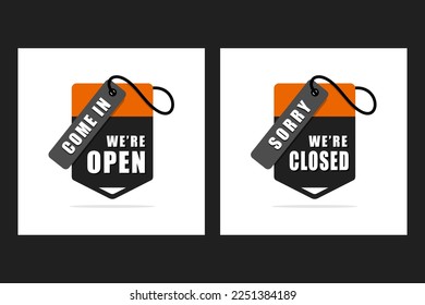 Etiketteninformationen für Banner, Etiketten, Badge, Business, Store, Marktplatz und mehr werden von offenen und geschlossenen Schildern gespeichert