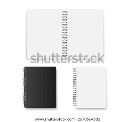Open and closed spiral notebooks in black and white colors. Realistic mockup templates isolated on white background for school, office, or planner design.