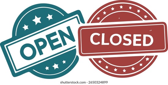 Ícones de carimbo de status aberto e fechado, retangular azul Conjunto de carimbos ABERTO e vermelho com textura FECHADA, rótulos de controle de acesso, visual de status comercial