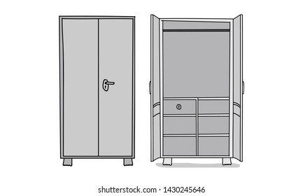 Open and Closed Steel Cupboard Closet Vector Sketch Illustration