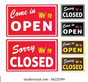 Open and Closed store signs. Come in or we are actually closed! Vector store signs.