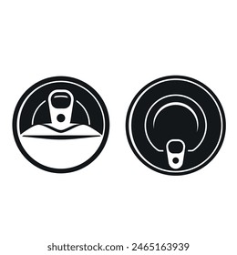 Open and closed tin can circle pack with opener top view set black minimalist icon vector flat illustration. Aluminium package conserve food preserve grocery meat fish fruit vegetable pet meal