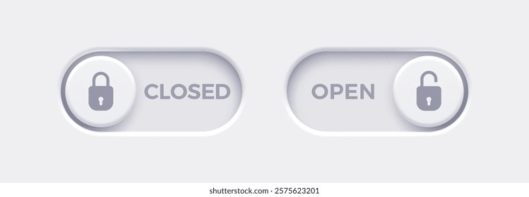 Open and Closed toggle switch buttons with open lock and closed lock icon. Material design switch buttons set. Vector illustration.