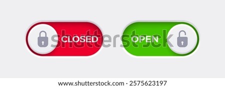 Open and Closed toggle switch buttons with open lock and closed lock icon. Material design switch buttons set. Vector illustration.