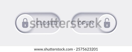 Open and Closed toggle switch buttons with open lock and closed lock icon. Material design switch buttons set. Vector illustration.