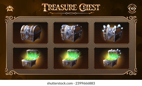 Open and Closed Treasure Chests Collection mit Green Diamond-From Basic bis zu verbesserten Levels für RPG-, Fantasy- und Mittelalterliches Games-Vektorgrafik-Design