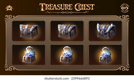 Open and Closed Treasure Chests Collection mit Blue Diamond-From Basic bis zu aktualisierten Levels für RPG, Fantasy und Mittelalterliches Games-Vektorgrafik-Design