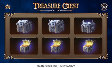 Open and Closed Treasure Chests Collection With Gold coin-From Basic to Upgraded Levels for RPG, Fantasy, and Medieval Games-Vector illustration Design