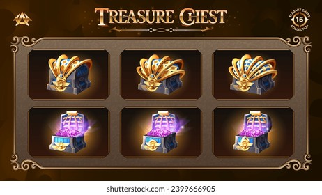 Open and Closed Treasure Chests Collection With Purple Dimond-From Basic to Upgraded Levels for RPG, Fantasy, and Medieval Games-Vector illustration Design