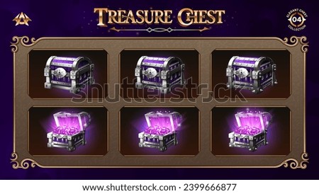 Open and Closed Treasure Chests Collection With Purple Diamond-From Basic to Upgraded Levels for RPG, Fantasy, and Medieval Games-Vector illustration Design