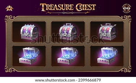 Open and Closed Treasure Chests Collection With Blue Diamond-From Basic to Upgraded Levels for RPG, Fantasy, and Medieval Games-Vector illustration Design