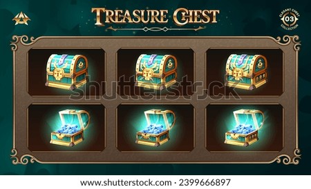 Open and Closed Treasure Chests Collection With Blue Diamond-From Basic to Upgraded Levels for RPG, Fantasy, and Medieval Games-Vector illustration Design