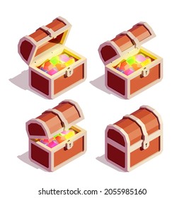 Open and Closed Treasure Chests Full of Colorful Gemstones. Isometric Vector Illustration