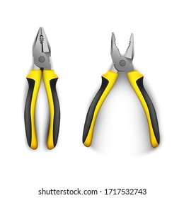 Zwei Zangen offen und verschlossen, mit gummischwarzen und gelben Griffen. realistische Vektorillustration auf weißem Hintergrund. Handwerkzeuge für Reparatur, Bau und Wartung