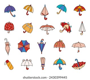 Open and closed umbrella. Autumn or spring season. Protection of rain. Hand drawn style. Vector drawing. Collection of design elements.