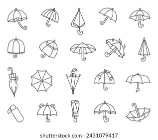 Open and closed umbrella. Coloring Page. Autum or spring season. Protection of rain. Hand drawn style. Vector drawing. Collection of design elements.