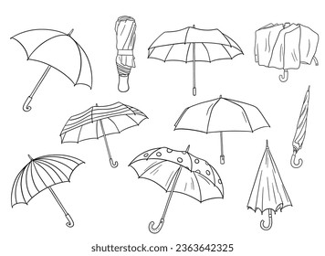 Open and closed umbrella doodle outline sketch. Vector illustrations set for coloring book