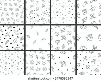 Open and closed umbrella. Seamless pattern. Coloring Page. Autumn or spring season. Protection of rain. Hand drawn style. Vector drawing. Collection of design ornaments.