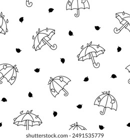 Open and closed umbrella. Seamless pattern. Coloring Page. Autum or spring season. Protection of rain. Hand drawn style. Vector drawing. Design ornaments.