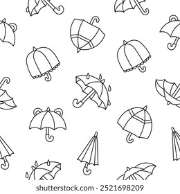 Open and closed umbrella. Seamless pattern. Coloring Page. Autum or spring season. Protection of rain. Hand drawn style. Vector drawing. Design ornaments.