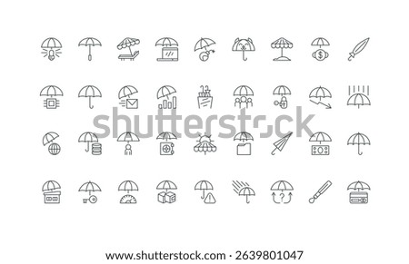 Open and closed umbrella, shield over key and creative idea thin black symbols vector illustration. Umbrella protection emblem for secure access and data, money, delivery box line icon set.
