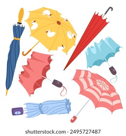 Paraguas abiertos y cerrados de diferentes colores. Colección accesoria de protección de lluvia de moda para adultos y niños, paraguas Pequeño plegado, sombrilla divertida con patrón de Ilustración vectorial de dibujos animados