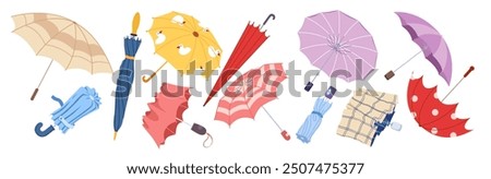 Open and closed umbrellas of different colors set. Fashion rain protection accessory collection for adults and children, folded small umbrella, funny parasol with pattern cartoon