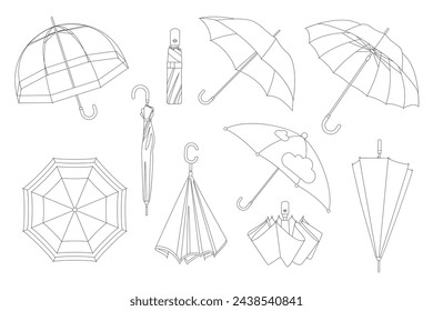 Open and closed umbrellas for rain protection, thin line icon set. Sketch fashion accessory collection of rainy season, folded parasol or flying waterproof umbrella with handle vector illustration