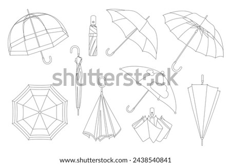 Open and closed umbrellas for rain protection, thin line icon set. Sketch fashion accessory collection of rainy season, folded parasol or flying waterproof umbrella with handle vector illustration