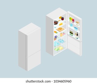 Open and closed vector detailed isometric fridge. High quality isometric refrigerator set for your design.