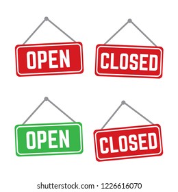 Open and closed vector store signs red and green. Shop banner door open illustration