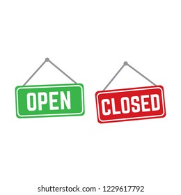 Open and closed vector store signs red and green. Shop banner door open illustration