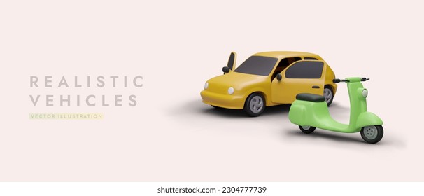 Open and closed vehicles. 3D car and electric motor scooter. Maneuverable personal vehicles. Delivery, rental, sales services. Color vector illustration with shadows