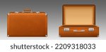 Open and closed vintage brown leather suitcase png. Realistic vector illustration of rectangular retro luggage bag with handle isolated on transparent background. Traver and vacation accaessory
