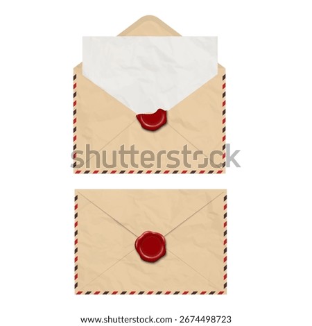 Open and closed vintage realistic old paper envelope with red sealing wax. Vector set of retro envelopes