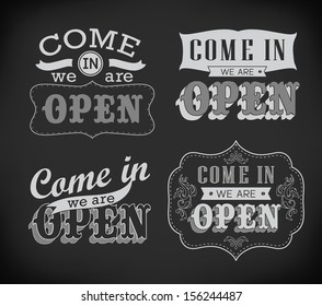 Open and Closed Vintage retro signs/ typography design drawing with chalk on blackboard/ Vector