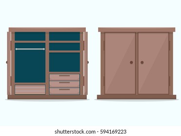 Open and closed wardrobe. Flat style vector illustration.