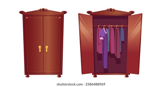 Open and closed wardrobe with things on hangers. Antique luxury furniture. Vector flat illustration isolated on white background. Vintage carved wooden cabinets.