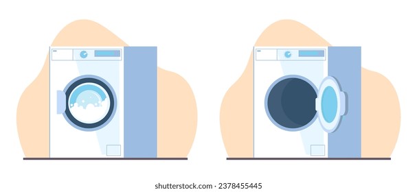 Open and closed washing machine. Electronic housekeeping equipment. Appliance for household chores. Front view icon. Wash clothing. Cartoon flat isolated illustration. Vector laundry concept