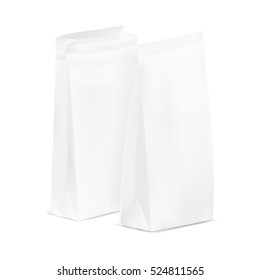 Open And Closed White Blank Plastic Or Paper Packaging. Sachet For Bread, Coffee, Candy, Cookies Or Gifts. EPS10 Vector