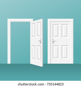 Open and closed white door isolated on background. Vector illustration flat style. Isolated on white background. Element of interesting design.