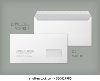 Open and closed white empty envelopes for letters and documents. Paper blank template with transparent window. Mockup post envelope. Vector illustration isolated on gray background