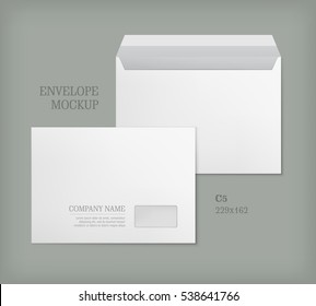 Open and closed white empty envelopes for letters and documents. Paper blank template with transparent window. Mockup post envelope C5 size. Vector illustration isolated on gray background.