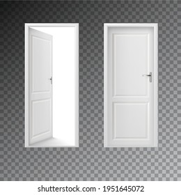 Open and closed white entrance realistic door isolated on transparent background. Eps 10 vector illustration.