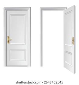 Open and closed white entrance realistic door isolated on white background