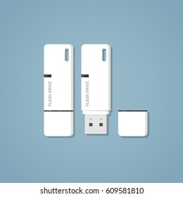 Open and closed white USB 3.0 flash drive with text and a mark on it on a blue background. Digital storage of information with an ear for the ribbon and a separate cap. Realistic flat style vector