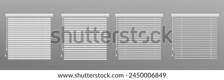 Open and closed window blinds animation set isolated on gray background. Vector realistic illustration of horizontal white shutters, jalousie shade for home, office interior, metal sunshade collection