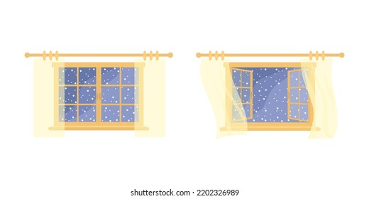 Open and closed window on white background. Vector illustration. Home interior concept. Cartoon flat style