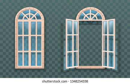 Open and closed windows isolated. Woodens frames and glass. Vector illustration.